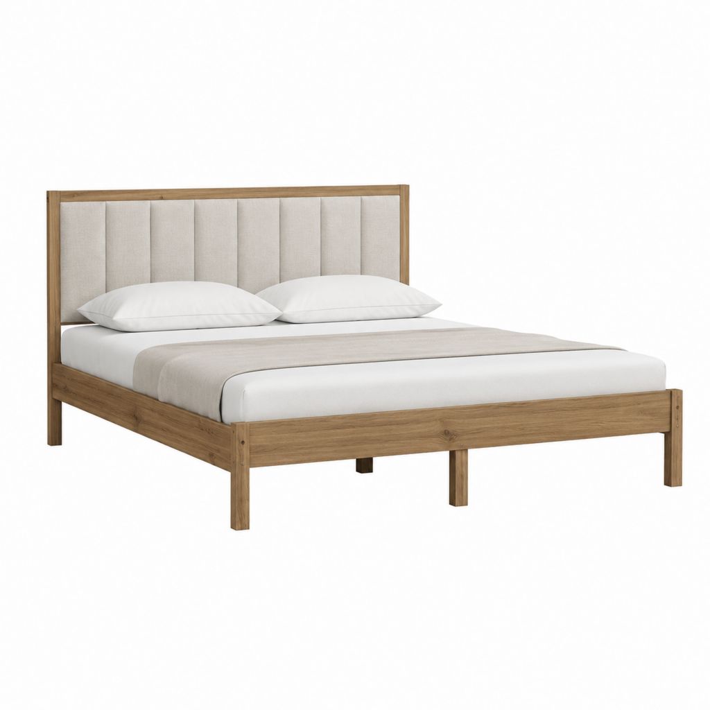 Doppelbett Bettgestell Natur Massivholz mit gepolstertem Kopfteil 160 x 200 cm