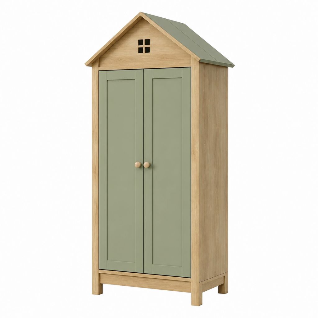 Kinderkleiderschrank in Hausform Salbeigrün und Eicheoptik MDF 90 x 50 x 190 cm