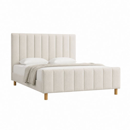 Polsterbett Doppelbett Cremeweiß mit Polyesterbezug und vertikal gestepptem Kopfteil 160 x 200 cm