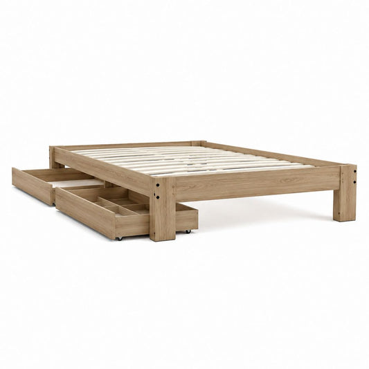 Bettgestell mit 2 Rollschubladen Eiche massiv rechteckig 140 x 200 cm