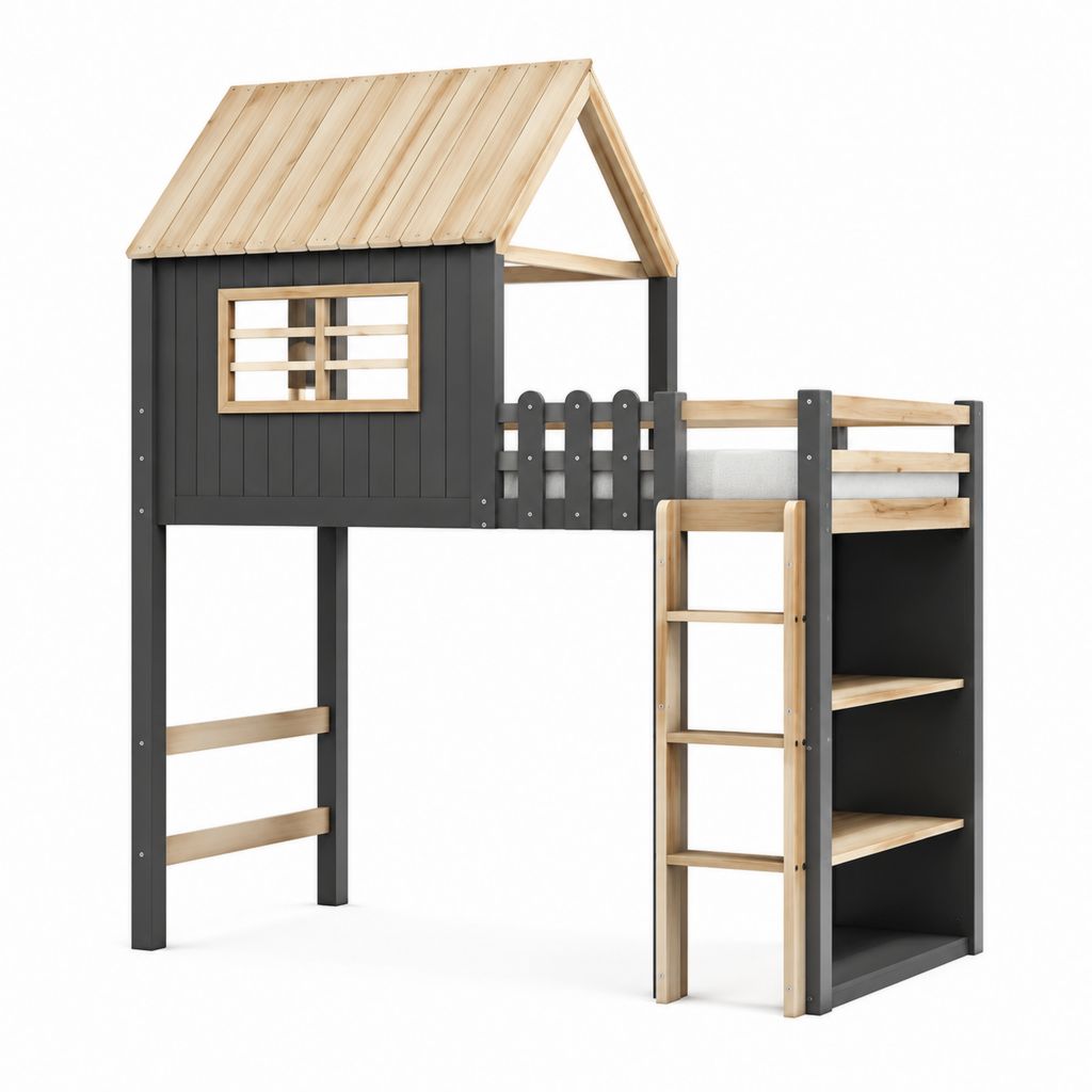 Kinder Hochbett Hausbett Schwarz Natur Kiefer Massivholz 90 x 200 cm mit Leiter und Regalen