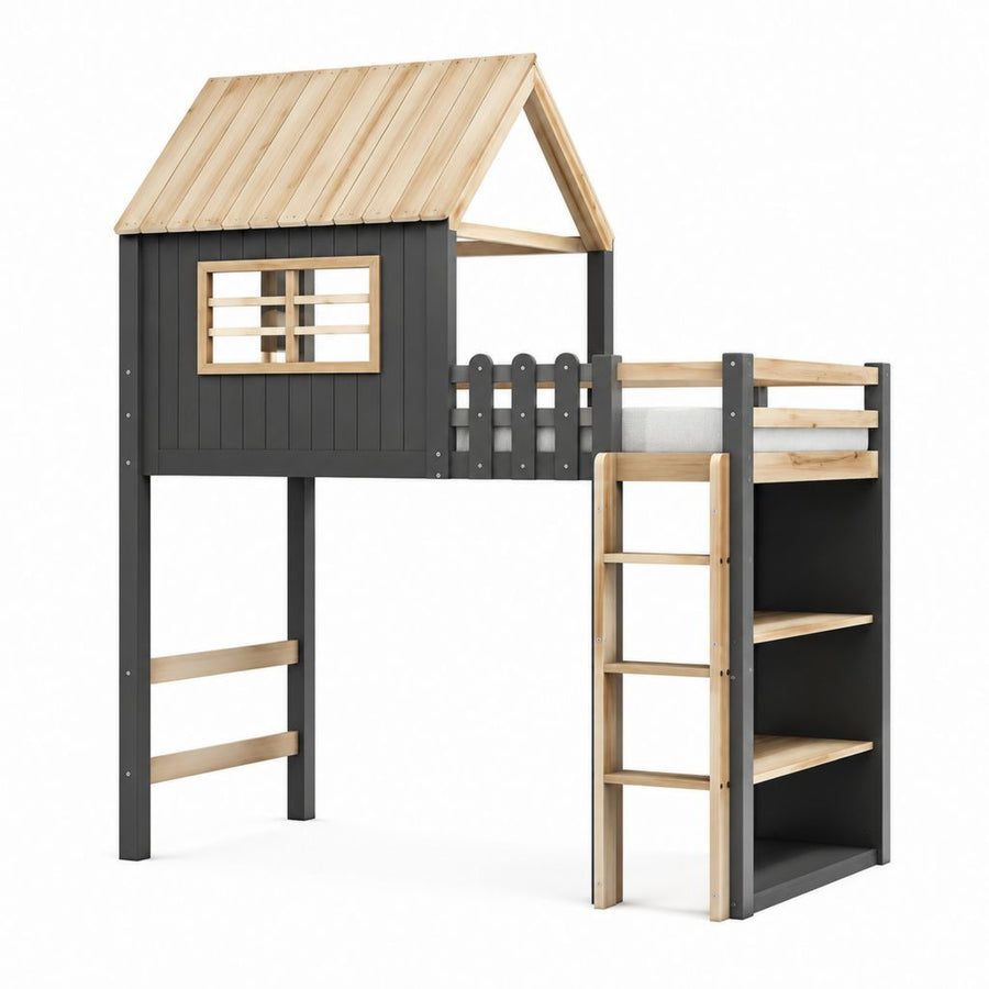 Kinder Hochbett Hausbett Schwarz Natur Kiefer Massivholz 90 x 200 cm mit Leiter und Regalen